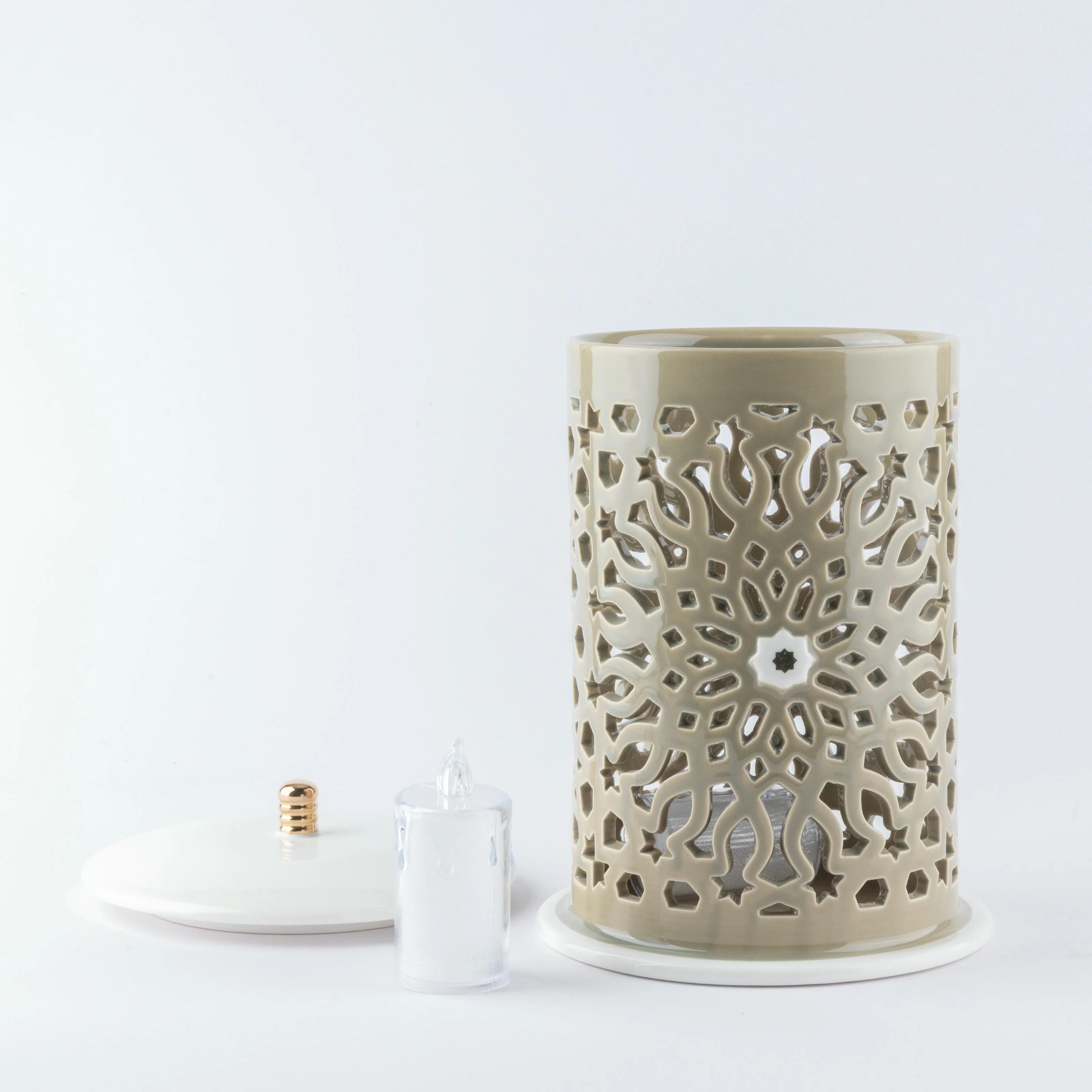 Asala - Large Lantern Candle Holder - Olive Green & Gold - Image 3