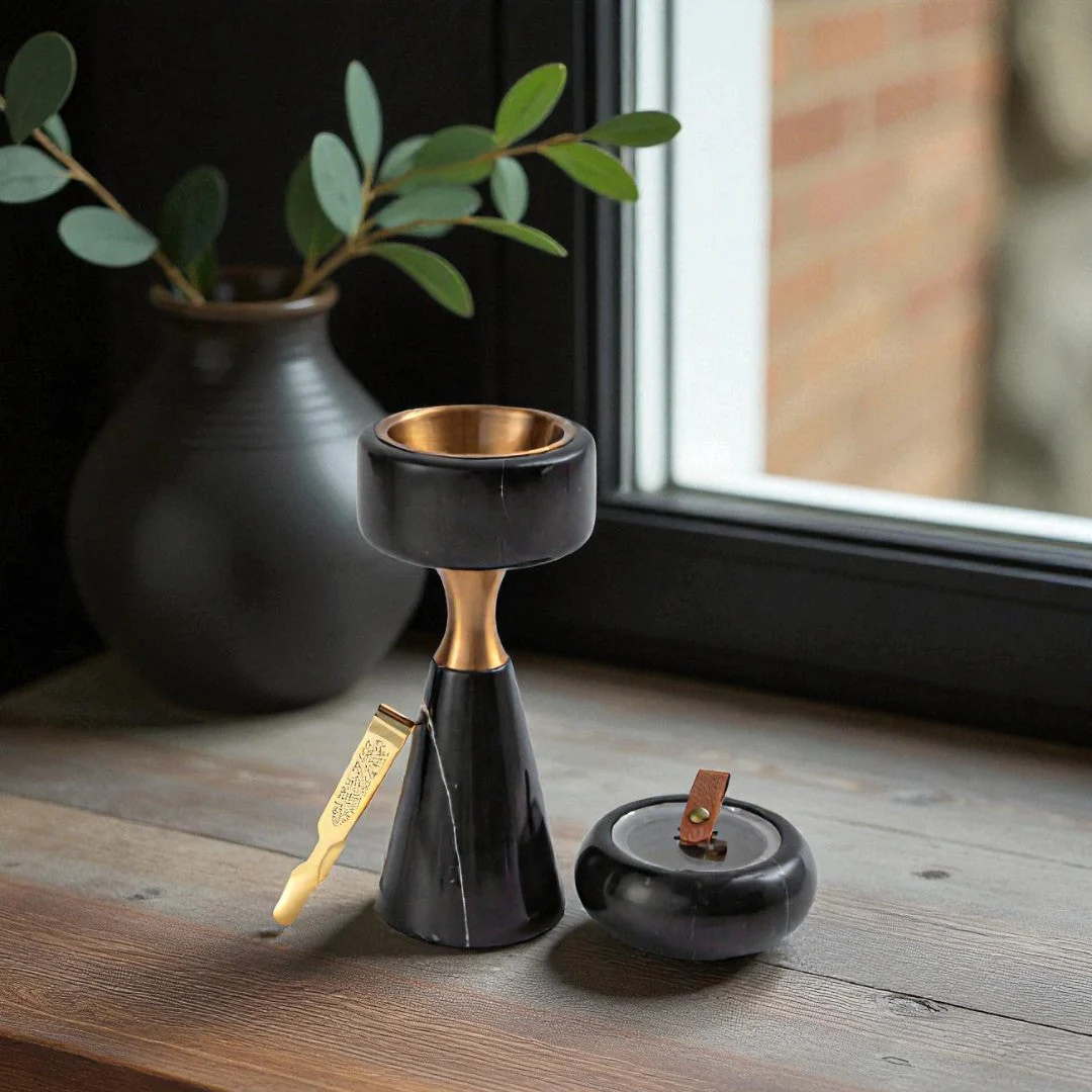 Athar - Marble Incense Burner Set (3-Pc) - Black & Gold - Image 2
