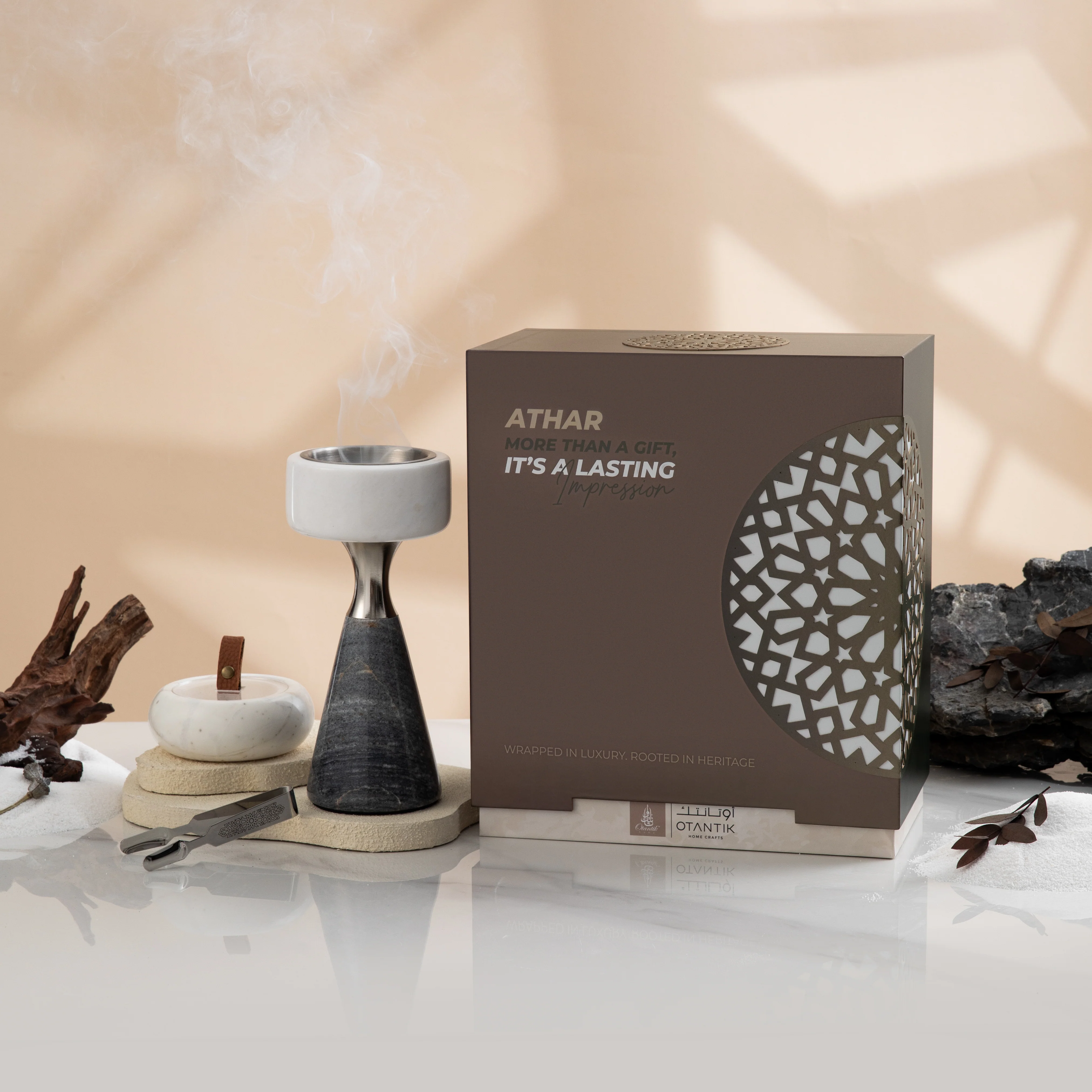 Athar - Marble Incense Burner Set (3-Pc) - White/Grey & Silver