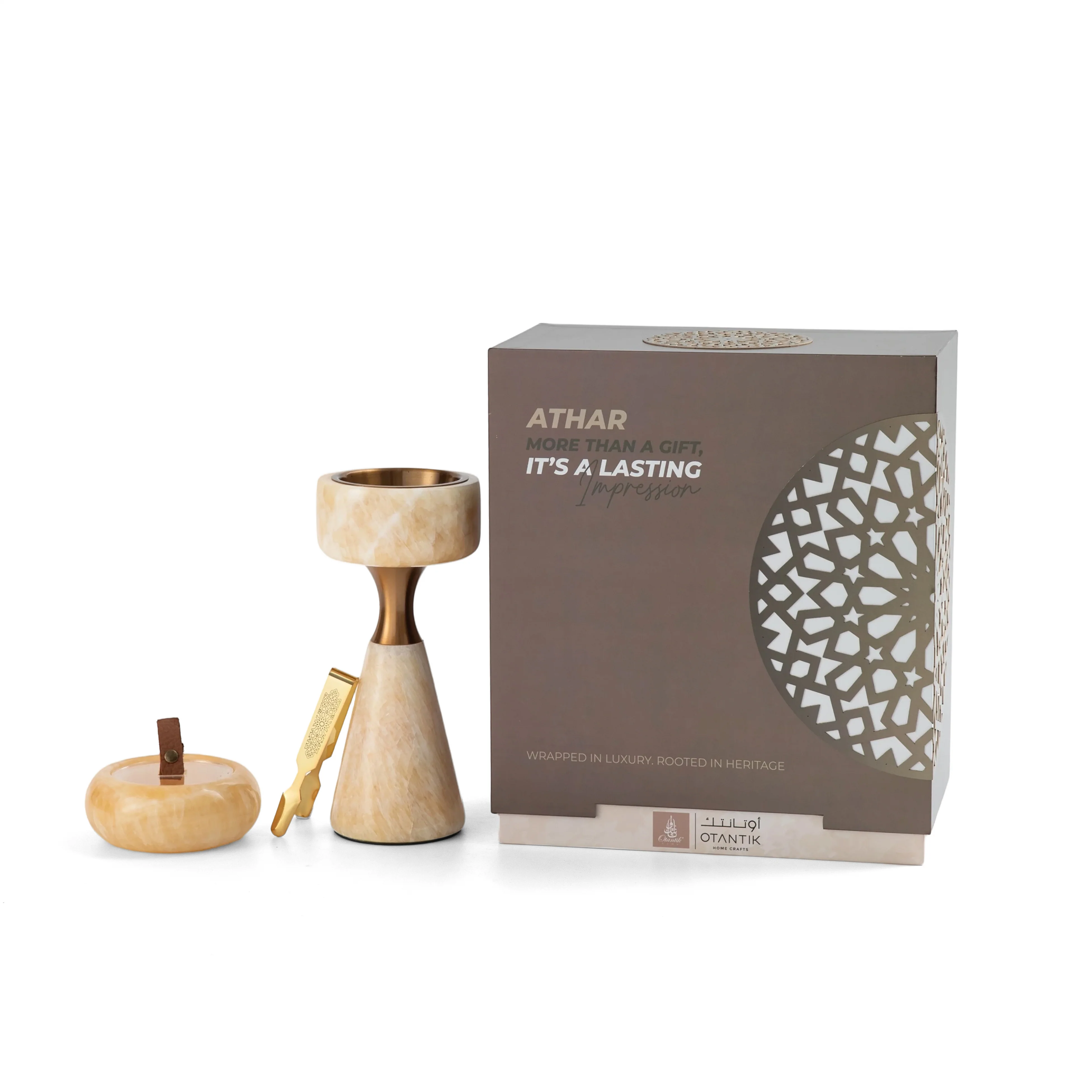 Athar - Sculpted Marble Incense Burner Set (3-Pc) - Natural Beige & Bronze - Image 5
