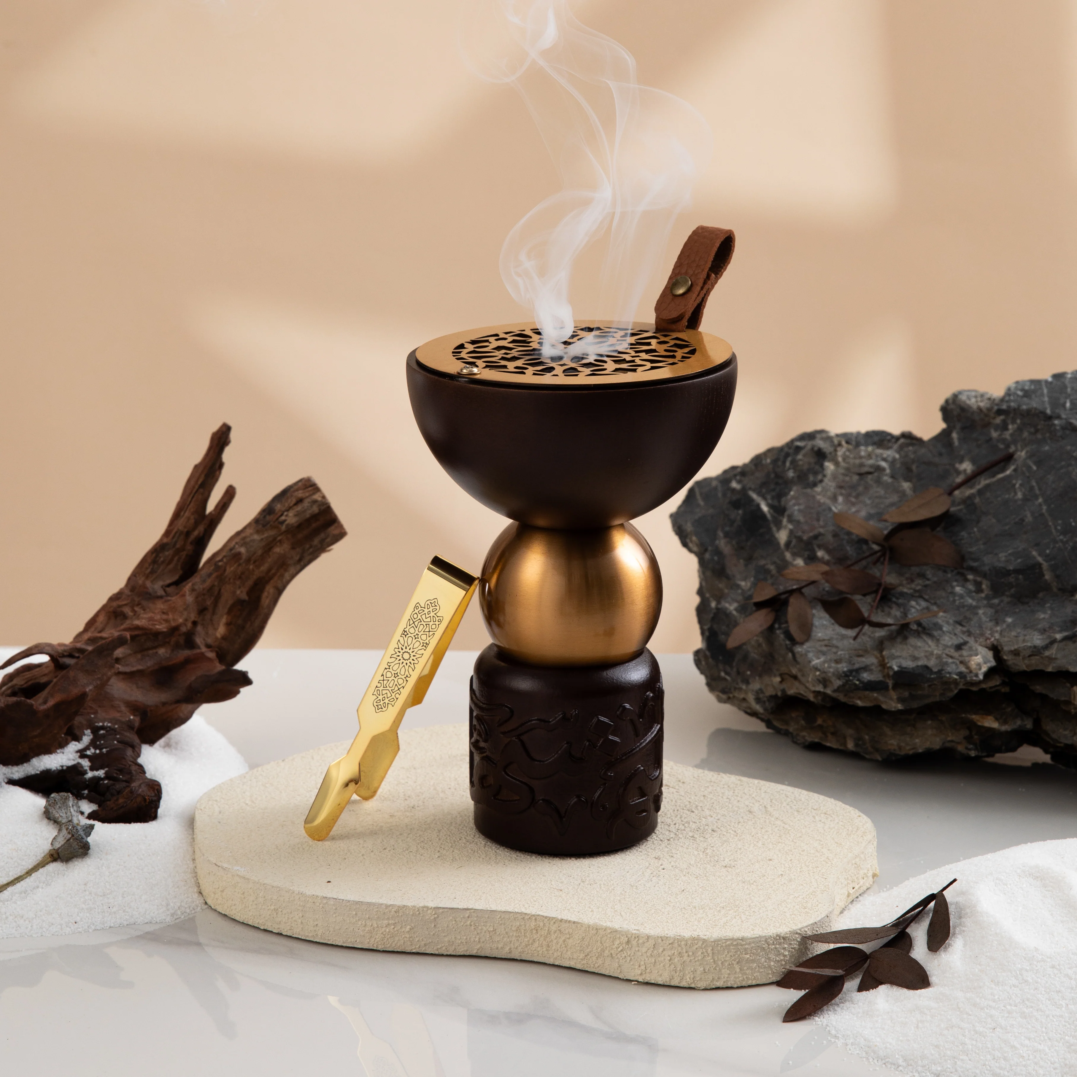Athar - Wooden Incense Burner (2-Pc) - Brown & Gold - Image 4