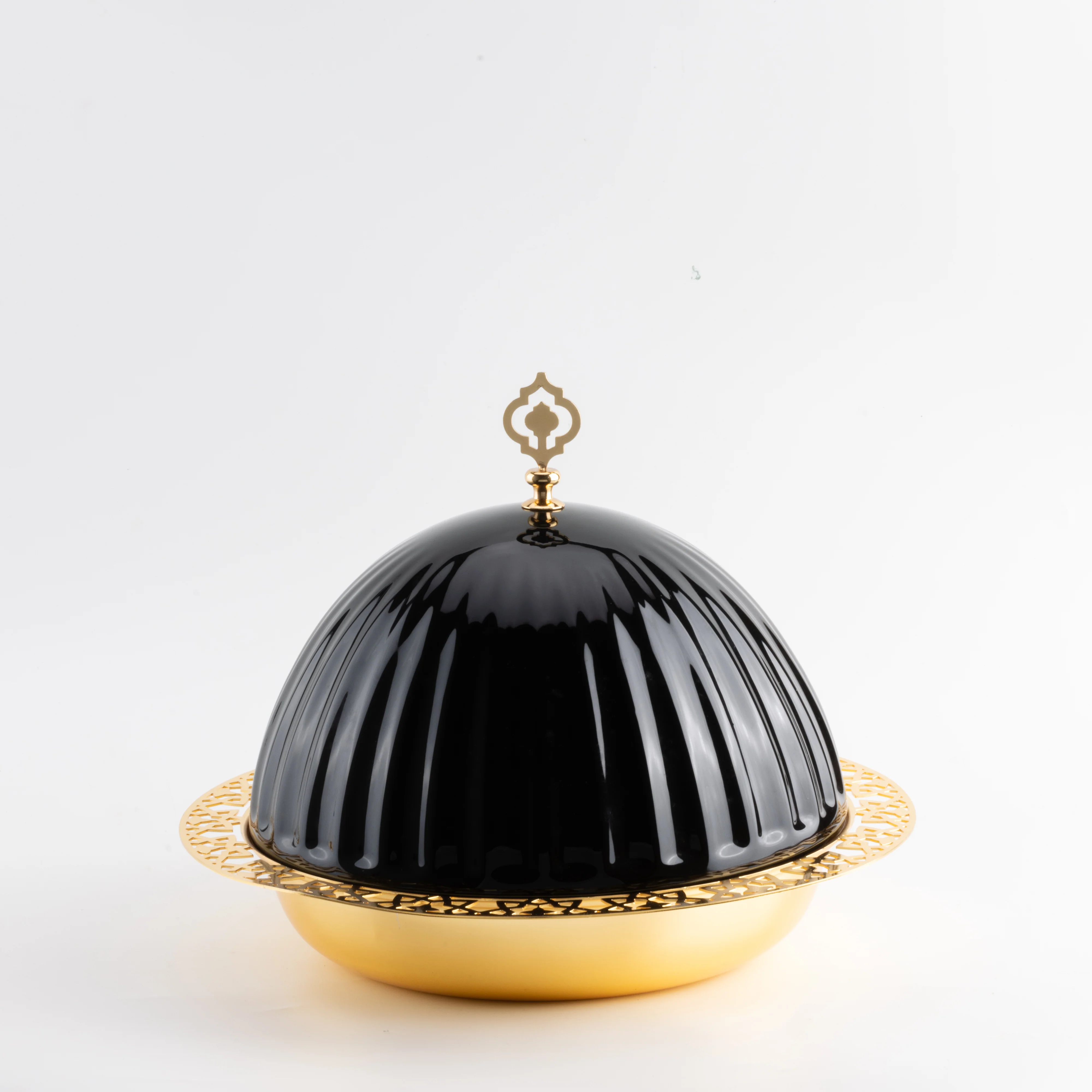 Exclusive - Large Serving Platter with Porcelain Dome- Black & Gold - Image 4