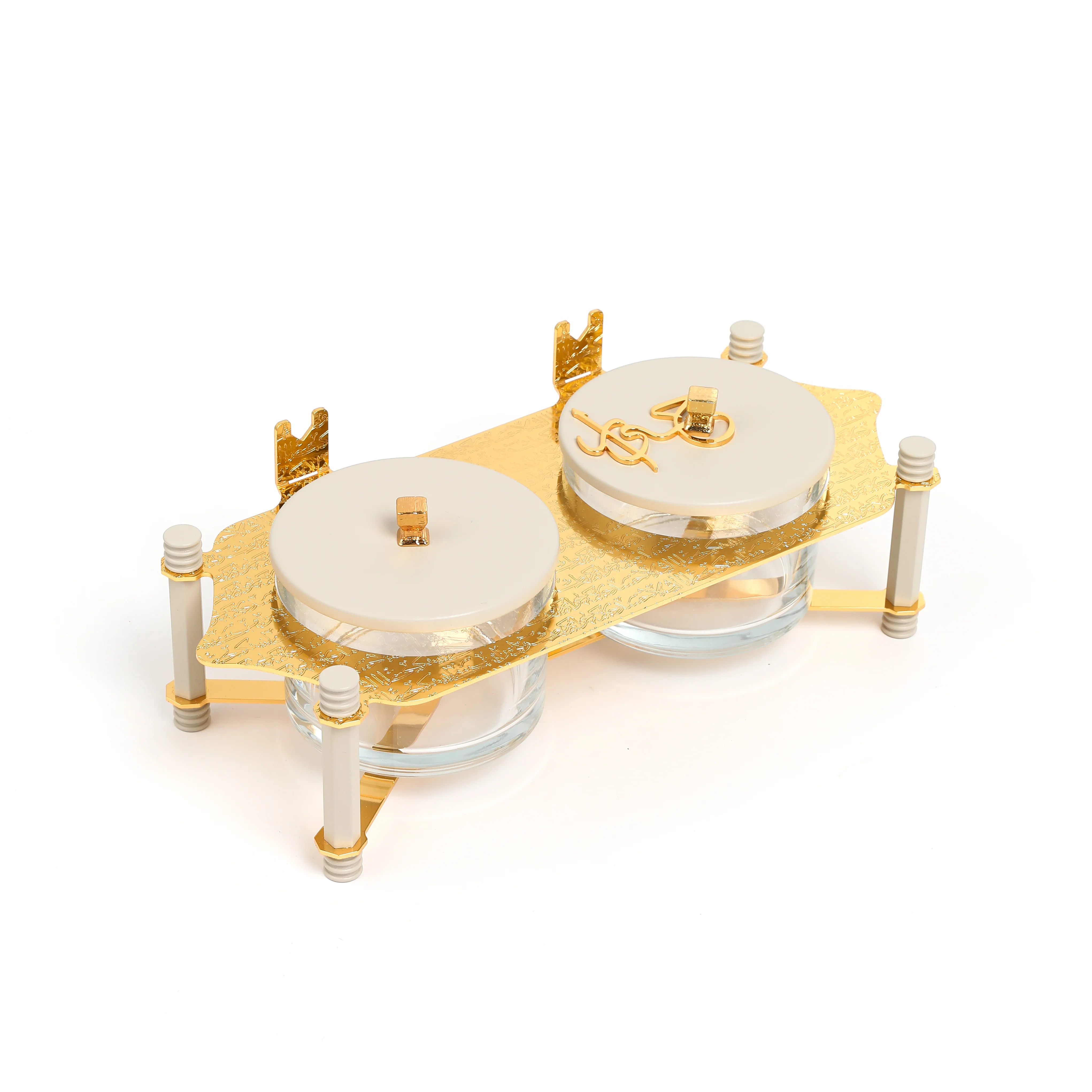 Jiwar - Dual Elegant Nut Serving Set with Engraved Base - Beige & Gold - Image 2