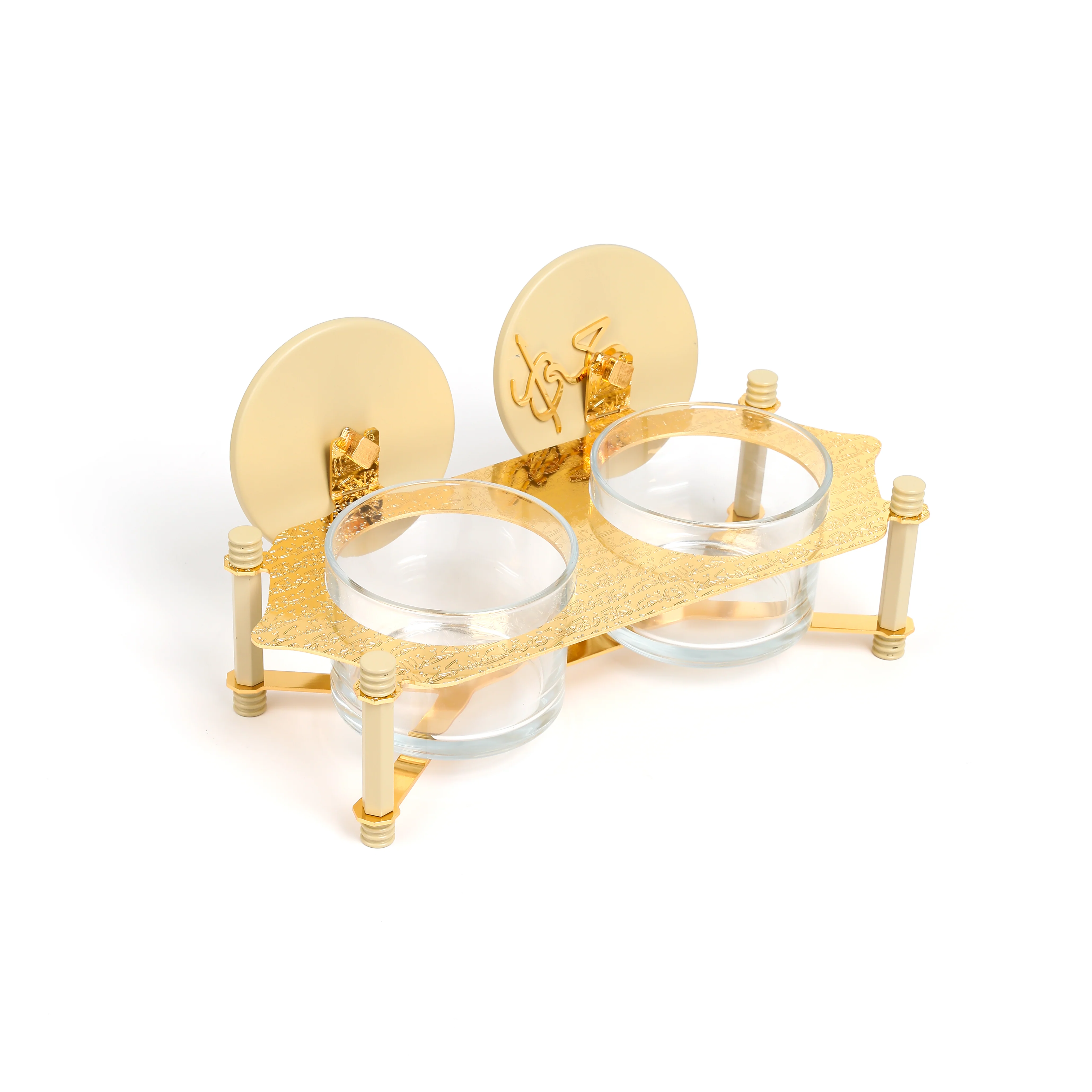 Jiwar - Dual Elegant Nut Serving Set with Engraved Base - Ivory & Gold - Image 3