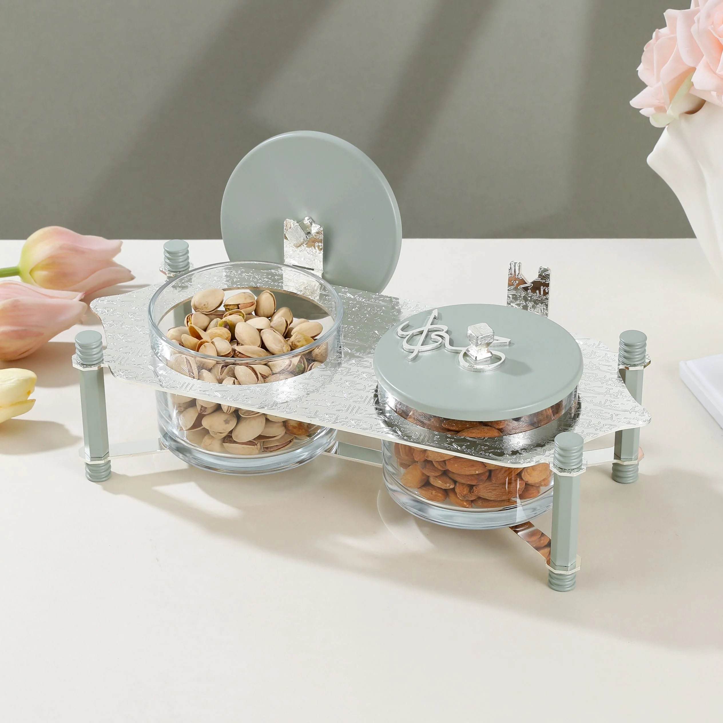Jiwar - Dual Elegant Nut Serving Set with Engraved Base - Mint Green & Silver