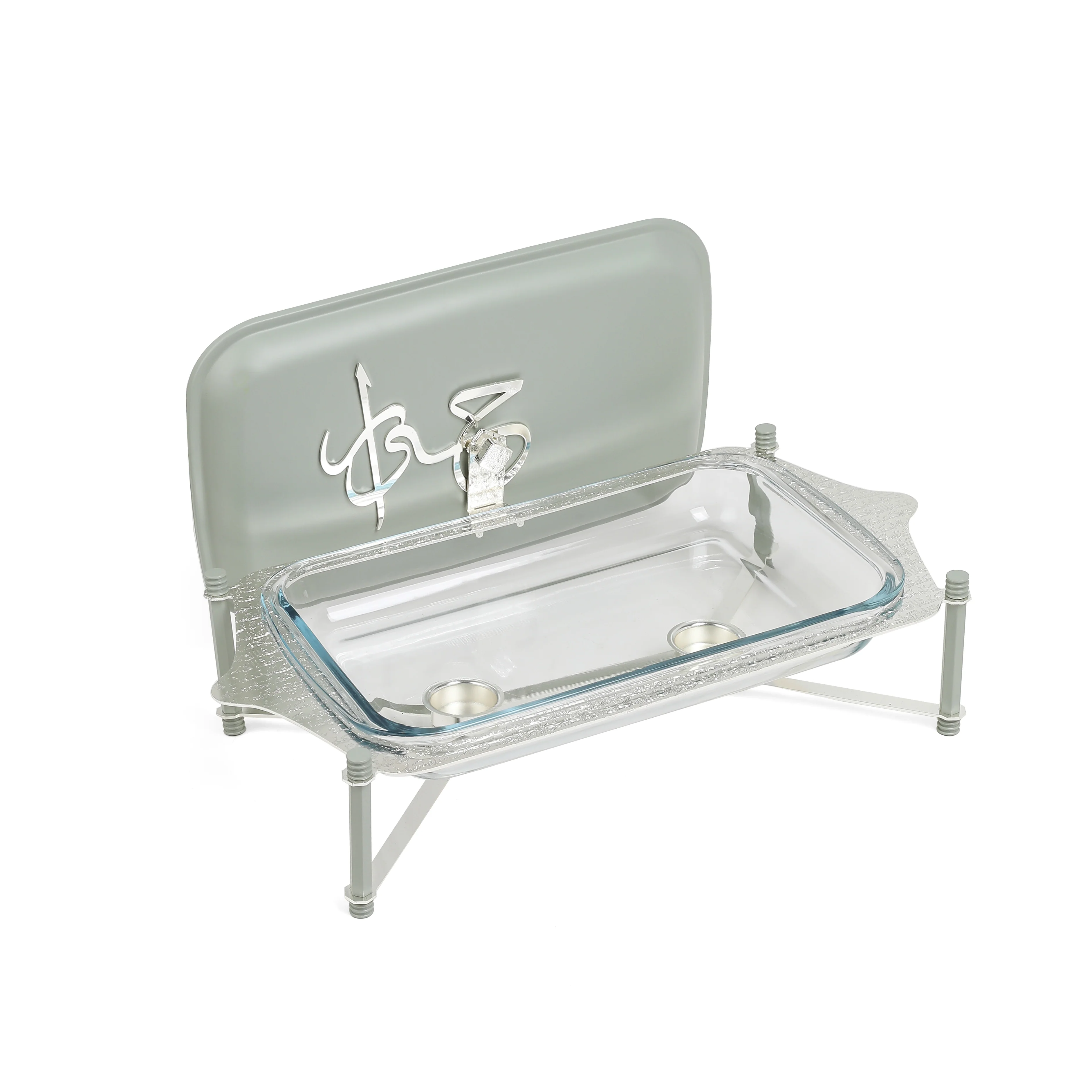 Jiwar - Large Twin Candle Pyrex Chafer -Mint Green & Silver - Image 6
