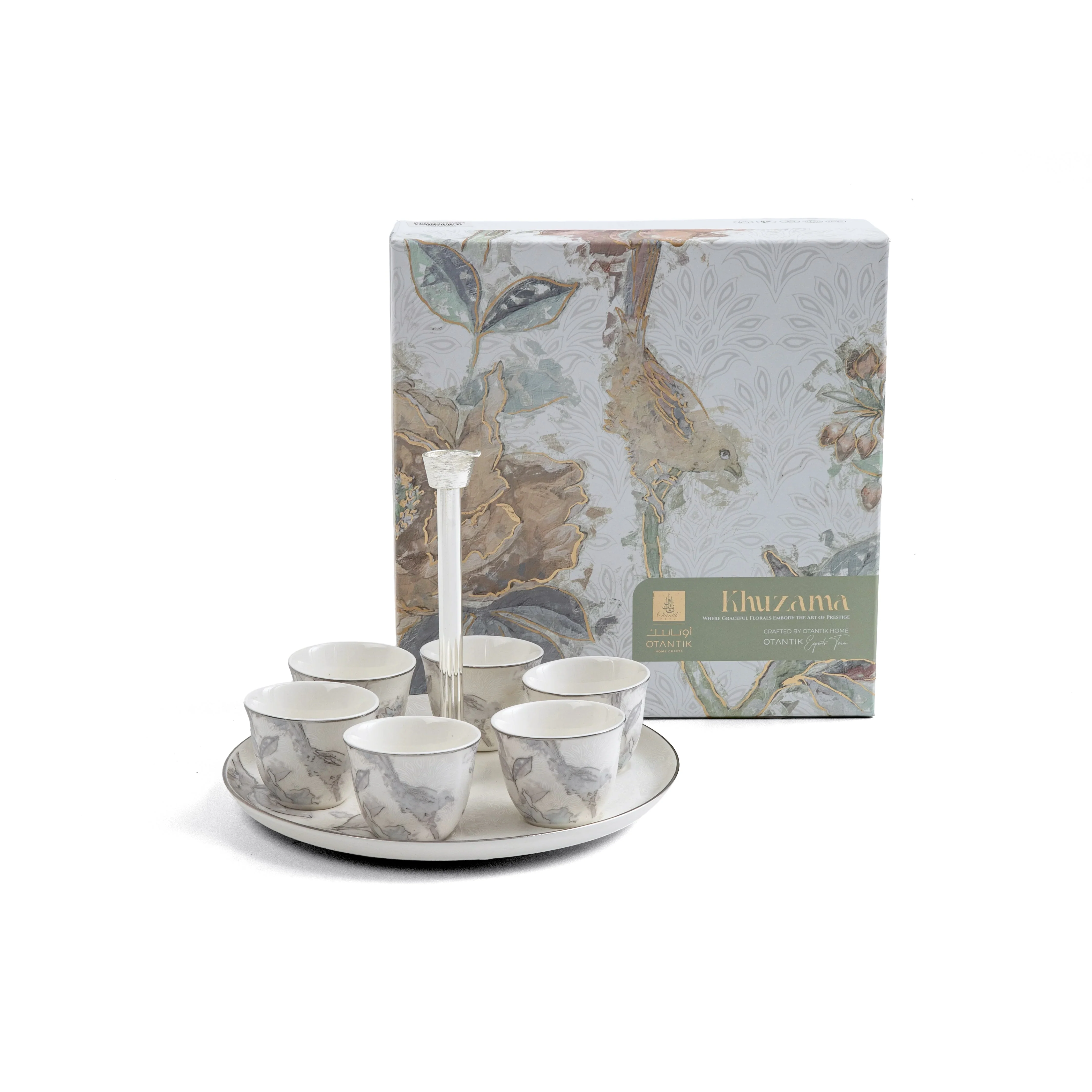 Khuzama - Arabic Coffee Cups With Holder - Grey & Silver - Image 3