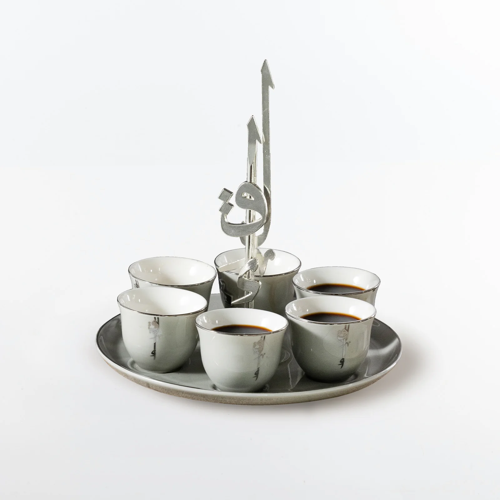 Liqa'a -Arabic Coffee Cups With Holder - Grey & Silver - Image 3