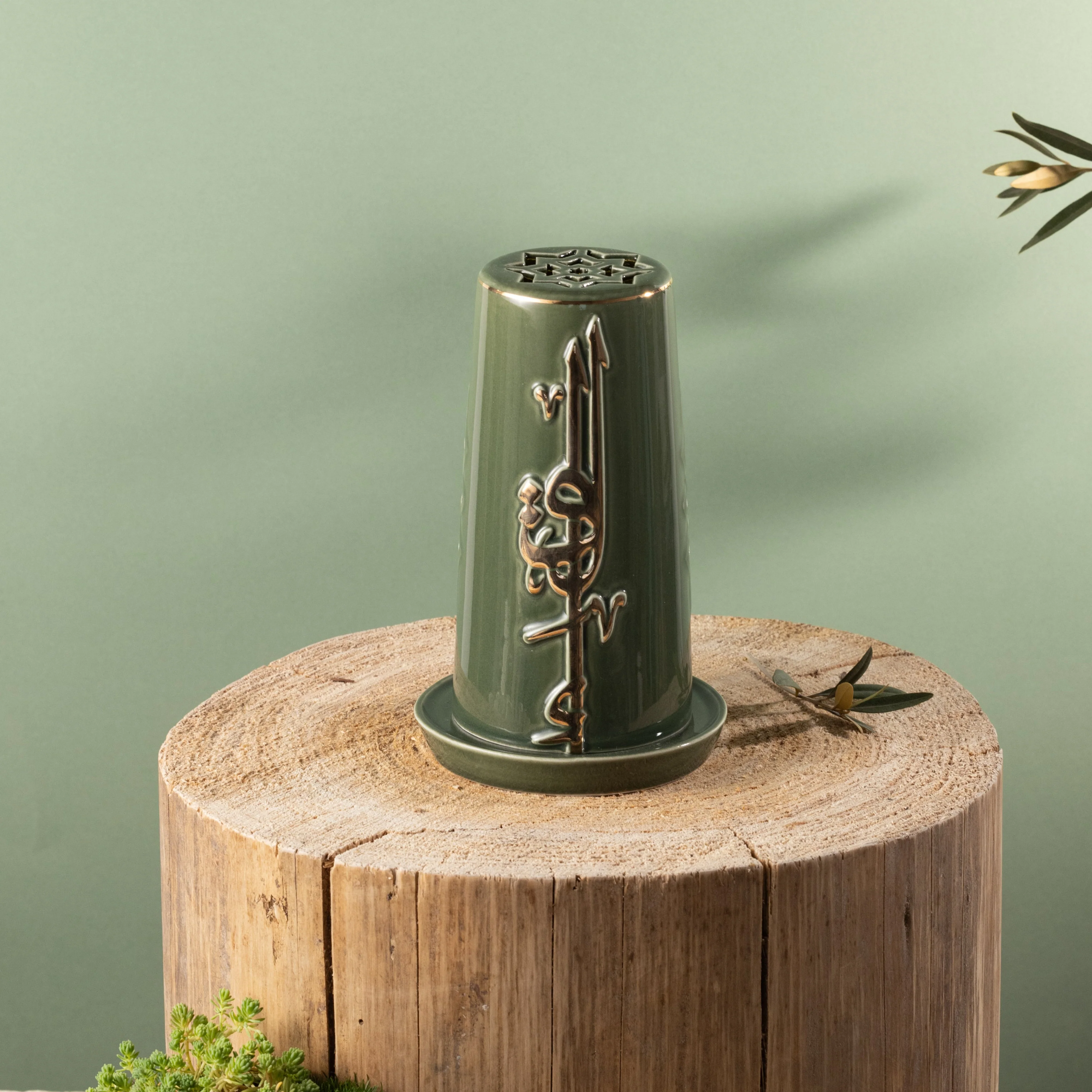 Liqa'a - Small Lantern Candle Holder - Olive Green & Gold