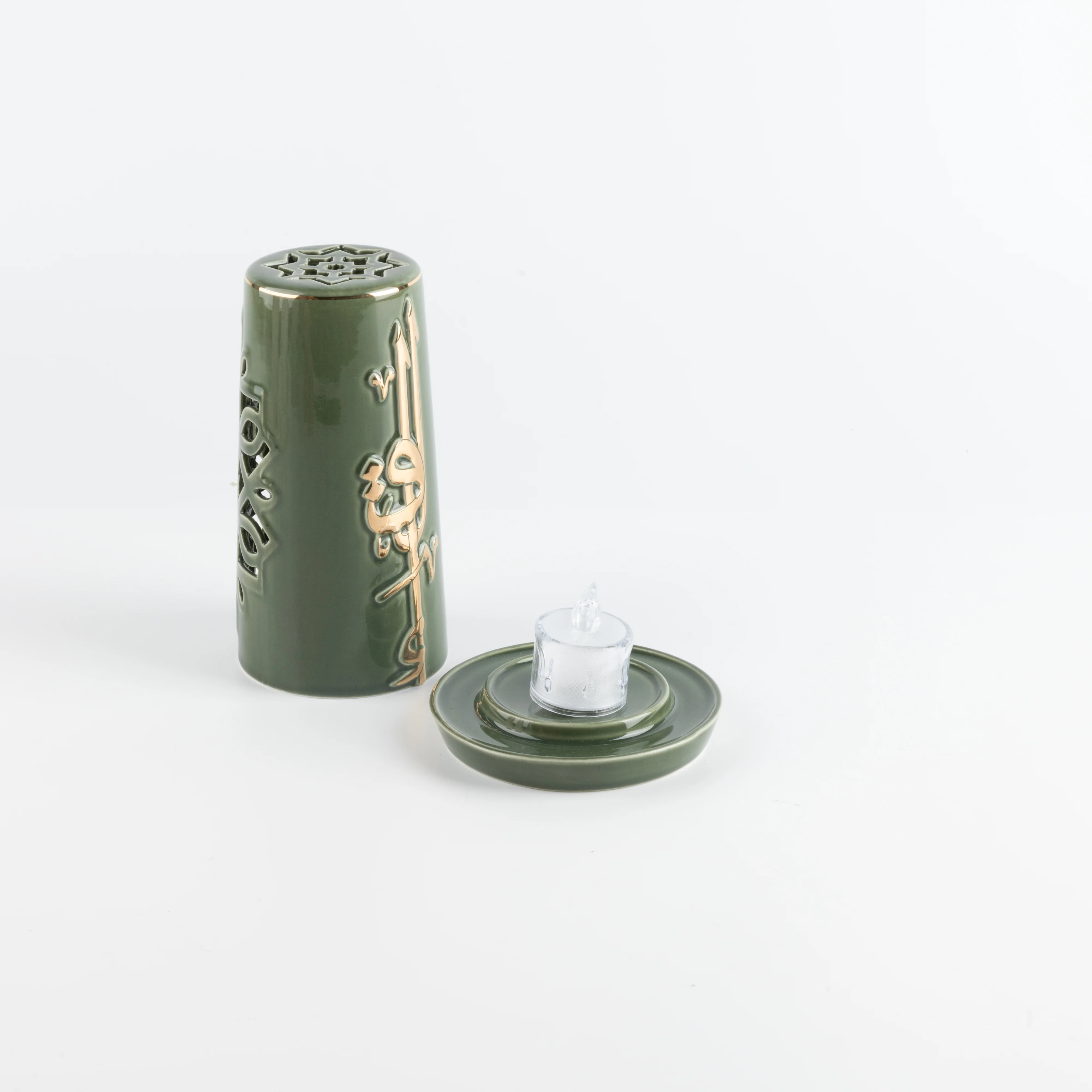 Liqa'a - Small Lantern Candle Holder - Olive Green & Gold - Image 3