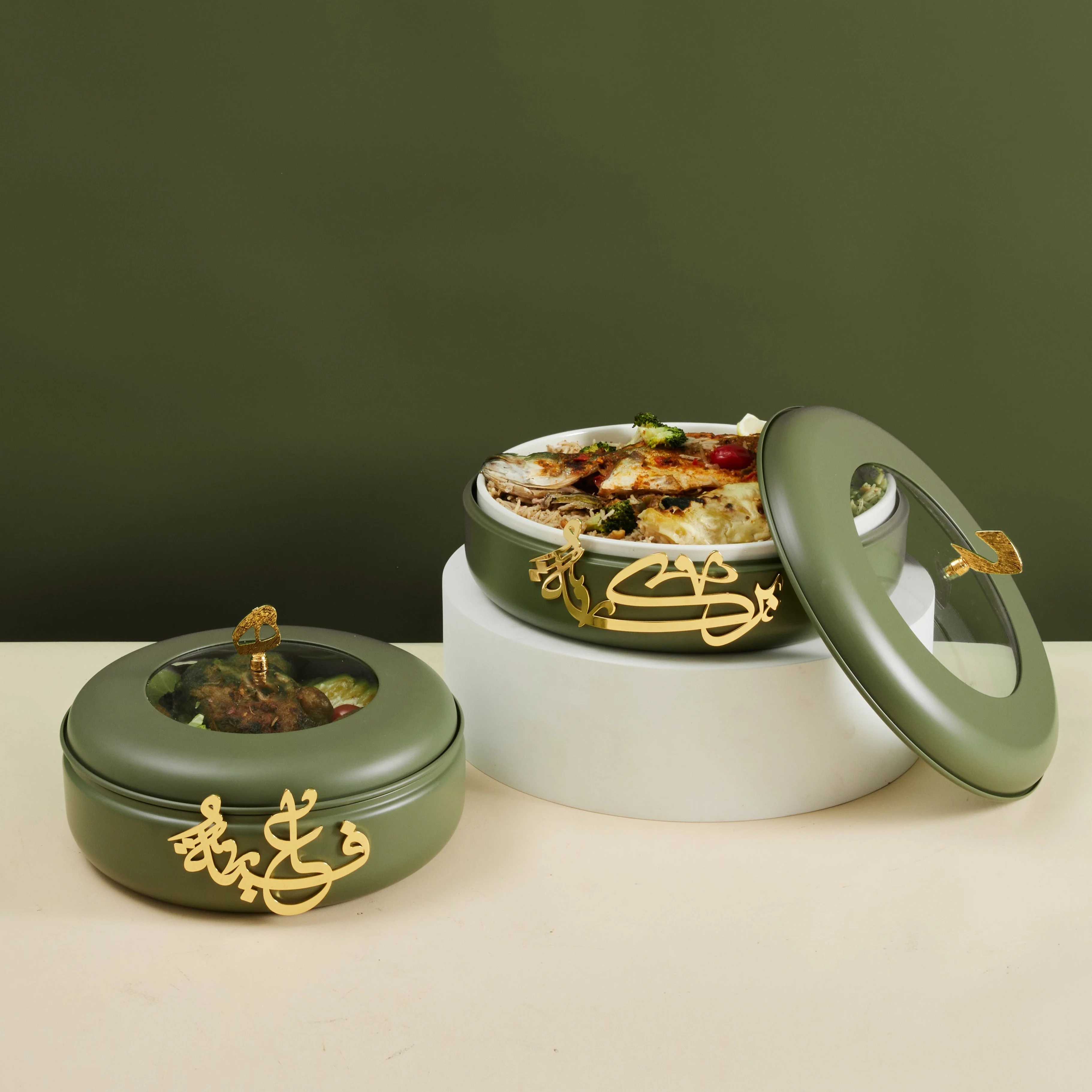 Luxury Diwan - Buffet Server - Olive Green & Gold - Image 3